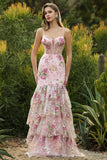 Vestido largo de graduación floral con abertura de sirena rosa con lentejuelas y volantes