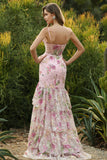 Vestido largo de graduación floral con abertura de sirena rosa con lentejuelas y volantes