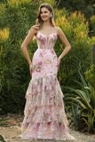 Vestido largo de baile de graduación con sirena de flores y volantes con volantes y lentejuelas