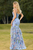 Vestido largo de baile de graduación con sirena de flores y volantes con volantes y lentejuelas
