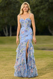 Vestido largo de baile de graduación con sirena de flores y volantes con volantes y lentejuelas