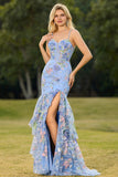 Vestido largo de baile de graduación con sirena de flores y volantes con volantes y lentejuelas