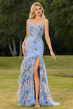 Vestido largo de baile de graduación con sirena de flores y volantes con volantes y lentejuelas
