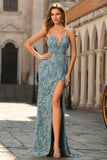 Vestido largo largo de graduación sin espalda con cuentas gris verde gris verde sirena y abertura