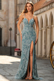 Vestido largo largo de graduación sin espalda con cuentas gris verde gris verde sirena y abertura