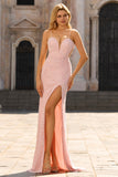 Vestido largo de graduación sin espalda sin costas rosa con sirena floral y abertura