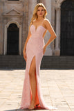 Vestido largo de graduación sin espalda sin costas rosa con sirena floral y abertura