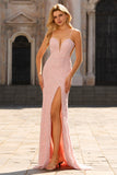 Vestido largo de graduación sin espalda sin costas rosa con sirena floral y abertura