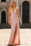 Vestido largo de graduación sin espalda sin costas rosa con sirena floral y abertura