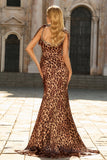 Vestido largo de graduación con tirantes estampados de leopardo marrón sirena y con abertura