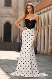 Vestido largo de baile de fin de curso de sirena de lunares en blanco y negro