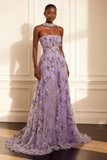 Vestido de fiesta largo de línea A con apliques sin tirantes morado con flores 3D