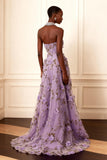Vestido de fiesta largo de línea A con apliques sin tirantes morado con flores 3D