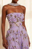 Vestido de fiesta largo de línea A con apliques sin tirantes morado con flores 3D