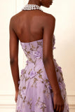 Vestido de fiesta largo de línea A con apliques sin tirantes morado con flores 3D
