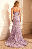 Vestido largo de fiesta de sirena floral morado con lazo