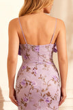 Vestido largo de fiesta de sirena floral morado con lazo