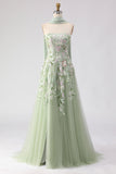 Vestido largo de graduación sin tirantes, lentejuelas de salvia polvoriento, bordado y abertura