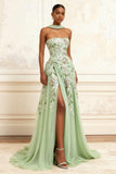 Vestido largo de baile bordado sin tirantes Dusty Sage con abertura