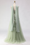 Vestido largo de graduación sin tirantes, lentejuelas de salvia polvoriento, bordado y abertura