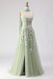 Vestido largo de graduación sin tirantes, lentejuelas de salvia polvoriento, bordado y abertura