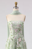 Vestido largo de graduación sin tirantes, lentejuelas de salvia polvoriento, bordado y abertura
