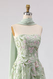 Vestido largo de graduación sin tirantes, lentejuelas de salvia polvoriento, bordado y abertura