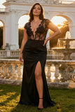 Vestido de graduación largo largo de encaje sirena negro con escote en V y talla grande