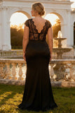 Vestido de graduación largo largo de encaje sirena negro con escote en V y talla grande