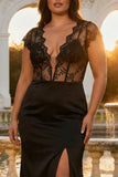 Vestido de graduación largo largo de encaje sirena negro con escote en V y talla grande