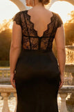 Vestido de graduación largo largo de encaje sirena negro con escote en V y talla grande