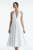 Vestido de cena midi de ensayo con línea A de halter blanco