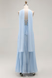 Vestido de dama de honor plisado sin tirantes azul cielo con bufanda halter