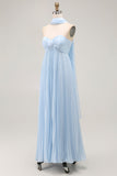 Vestido de dama de honor plisado sin tirantes azul cielo con bufanda halter