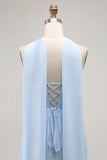 Vestido de dama de honor plisado sin tirantes azul cielo con bufanda halter