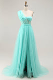 Vestido largo de baile con corsé de un hombro en una línea A verde menta con abertura