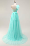 Vestido largo de baile con corsé de un hombro en una línea A verde menta con abertura
