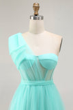 Vestido largo de baile con corsé de un hombro en una línea A verde menta con abertura