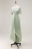 Vestido de dama de honor plisado de alta y baja línea A verde salvia con mangas cortas