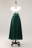 Vestido de Madre de la Novia con Cuello en V Aplicado en Línea Verde Blanco