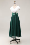 Vestido de Madre de la Novia con Cuello en V Aplicado en Línea Verde Blanco