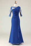 Vestido de Madre de la Novia con Apliques de Sirena Azul Real con Mangas