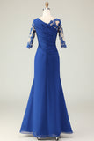 Vestido de Madre de la Novia con Apliques de Sirena Azul Real con Mangas