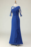 Vestido de Madre de la Novia con Apliques de Sirena Azul Real con Mangas