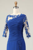 Vestido de Madre de la Novia con Apliques de Sirena Azul Real con Mangas