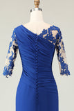 Vestido de Madre de la Novia con Apliques de Sirena Azul Real con Mangas