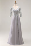 Vestido de novia con cuello en V aplicado en línea A de plata con mangas 3/4