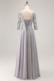 Vestido de novia con cuello en V aplicado en línea A de plata con mangas 3/4