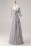 Vestido de novia con cuello en V aplicado en línea A de plata con mangas 3/4