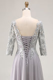 Vestido de novia con cuello en V aplicado en línea A de plata con mangas 3/4